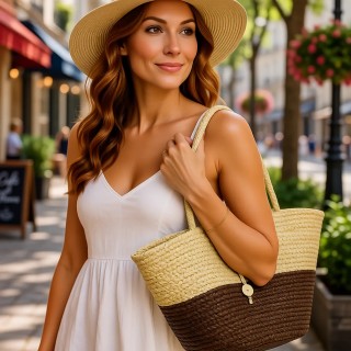 Straw Tote: Woven Wheat Straw Tote - 2 Tones - Brown - BG-R11053BN 